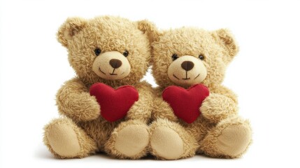 Obraz premium Cute teddy bears holding red hearts together
