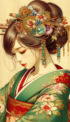 日本画（Japanese painting）／美人画　美女　着物　anime　イラスト	