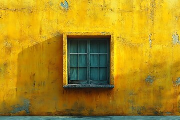 A bright yellow weathered wall with one blue window