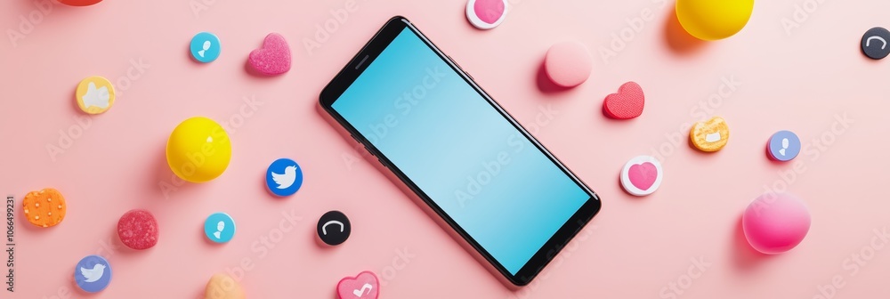 Poster smartphone with a blank screen is lying on a pink surface, surrounded by various social media icons 
