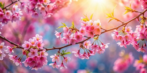 Obraz premium Bokeh Effect of Pink Himalayan Cherry Blossoms in Spring - Captivating Sakura Flowers Blooming on Tree Twigs, Nature's Beauty, Floral Delight, Springtime Serenity