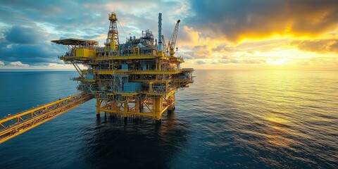 Offshore Oil Rig at Sunset Over Calm Waters