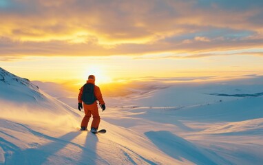 Snowboarder at Sunrise in the Mountains
