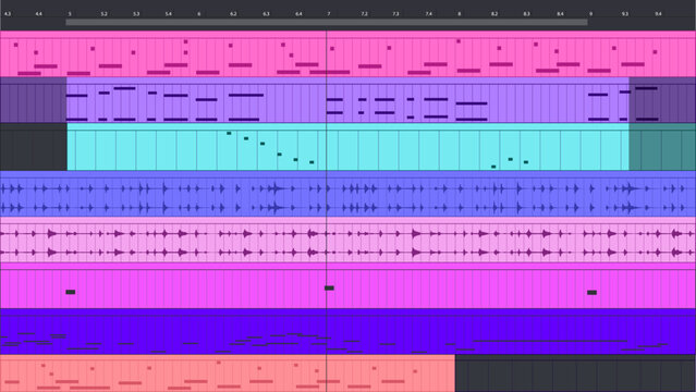 Waveform Background Digital Audio Workstation DAW application. Dj music bg. Midi notes.  Vector illustration
