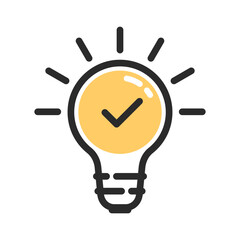 Bulb icon with tick mark. light bulb isolated on white.