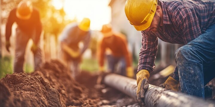 Group of male laborers working on a pipeline installation outdoors at sunset.