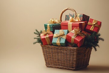 Wicker basket overflowing with Christmas presents
