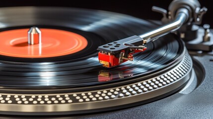 Close-up of a turntable with a red needle playing a vinyl record.