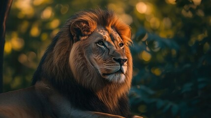 Naklejka premium Close-up Portrait of a Majestic Lion with a Lush Green Background