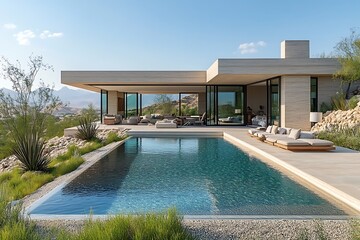 Fototapeta premium A modern, minimalist house with a large pool overlooking a mountain view.
