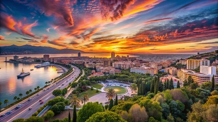 Fototapeta premium Breathtaking Sunset Cityscape of Malaga, Spain with Panoramic Views of the Sea and Vibrant Colors Reflecting on the Water, Ideal for Travel and Landscape Photography