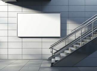 Fototapeta premium Minimalist subway with blank ad, gray wall, steel stairs, clean setting.