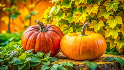 Bright Yellow Background with Two Pumpkins Surrounded by Green Leaves – Autumn Harvest, Seasonal Decor, Fall Aesthetics, Nature, Agriculture, Halloween Inspiration, Organic Produce