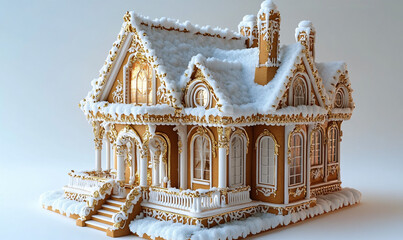 Obraz premium Luxury Gold Christmas Gingerbread House Music Box on White Background