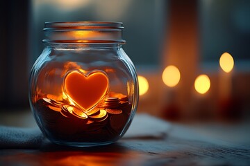 Glass jar with coins and glowing heart shape in candlelight.