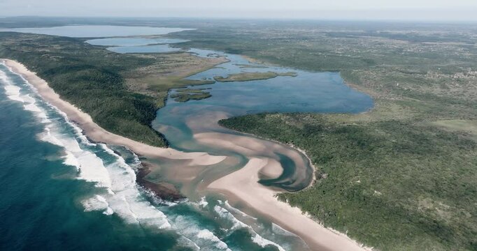 Aerial zoom in view of the beautiful Kosi Bay Estuary and lakes with its ancient woven fish traps in the Maputaland area of KwaZulu-Natal