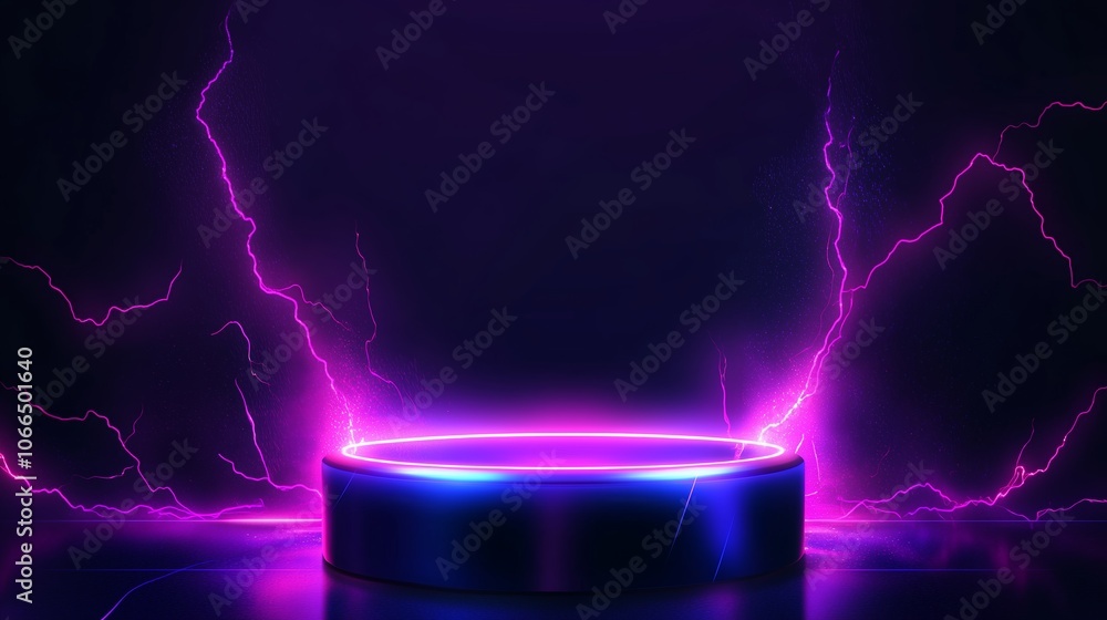 Poster a captivating purple lightning display in a mystical dark environment with a glowing circular platfo