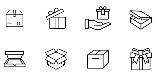 Box icon set. Product package cardboard shipping parcel box icon collection. Open and close outlined carton box vector sign. Open empty cube package.
