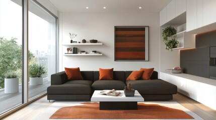Modern Living Room with Sectional Sofa, Coffee Table, and City View