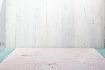 White wooden wall with matching floor planks, creating a clean rustic backdrop, Minimal white...