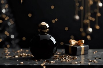 Minimalist Dark Luxury Perfume Packaging: A Festive Winter Scene with Black Marble and Gold Accents