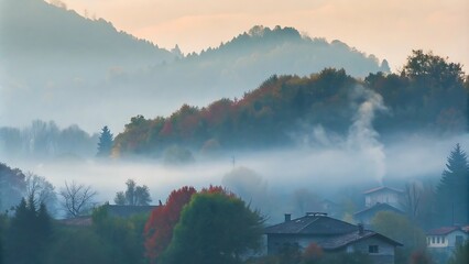 Misty Morning, Autumn villages in mountainous areas