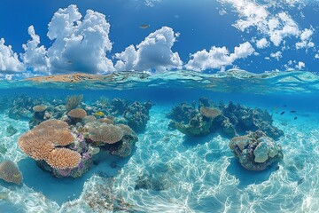 Fototapeta premium Underwater View of a Coral Reef with Blue Sky and White Clouds Above