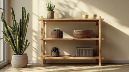 Wooden shelf with plants and decorative objects in a modern living room interior.