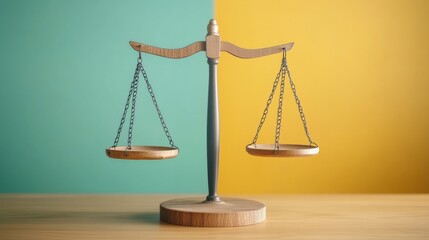 Wooden balance scale on a two color background, symbolizing justice, fairness, and equality in various contexts