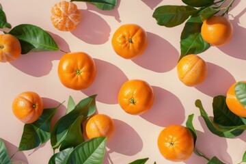 Orange fruits, fresh tangerines, and green leaves arranged artistically on a pastel background, showcasing vibrant colors and natural textures, ideal for food related themes