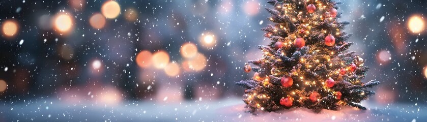 Obraz premium Decorated Christmas Tree in Snowfall with Blurry Lights