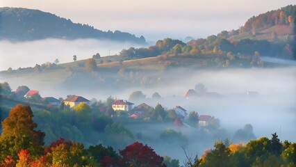 Misty Morning, Autumn villages in mountainous areas