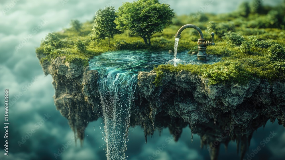 Poster a small floating island with a waterfall flowing from a faucet into a clear pond and trees on a clou