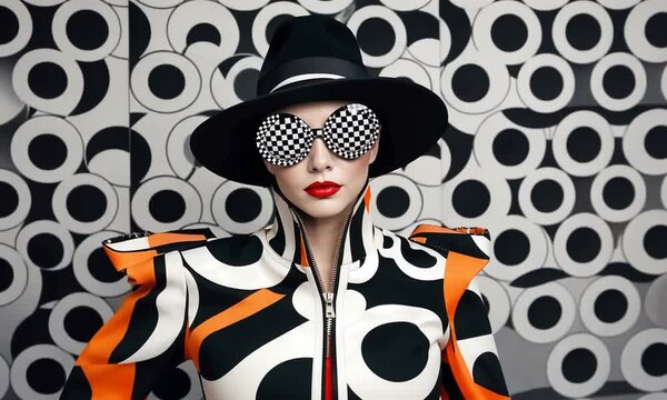 Bold fashion statement featuring a model in striking geometric patterns with oversized sunglasses in a modern studio setting