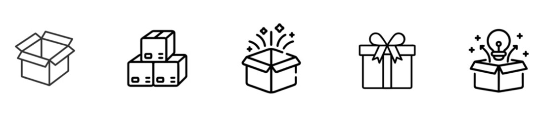 Box icon set. Product package cardboard shipping parcel box icon collection. Open and close outlined carton box vector sign. Open empty cube package.