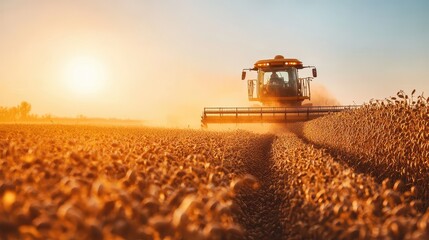Fototapeta premium A powerful combine harvester at work during sunset, harvesting golden fields of grain, showcasing agricultural productivity and beauty.