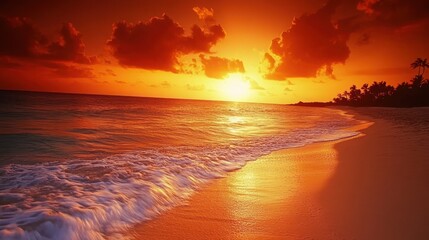 A fiery sunset over a tranquil beach with gentle waves lapping the shore.