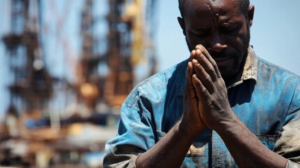 A thoughtful Black man wearing a work shirt, pausing to pray at a construction site.