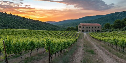 Fototapeta premium a picturesque vineyard during sunset, with rolling hills covered in grapevines. Include a rustic winery building in the background, creating a serene and inviting atmosphere.
