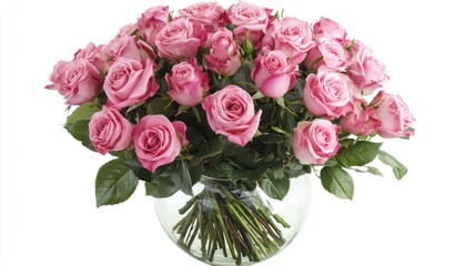 A pink rose bouquet arranged in a glass vase, perfect for a cheerful and uplifting decor