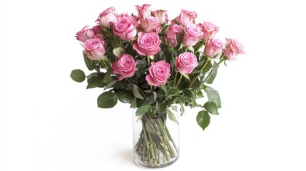 Fototapeta premium A pink rose bouquet arranged in a glass vase, perfect for a cheerful and uplifting decor