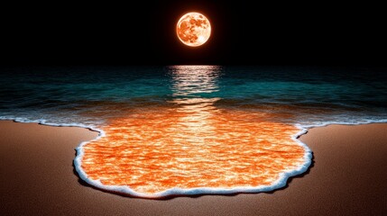 Obraz premium Orange Moonlit Beach at Night Sea Water Sand Ocean Nature Landscape Seascape Night Sky Full Moon