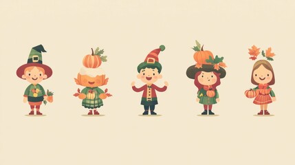 Fototapeta premium A playful series of Thanksgiving icons, featuring characters in autumn attire and festive elements