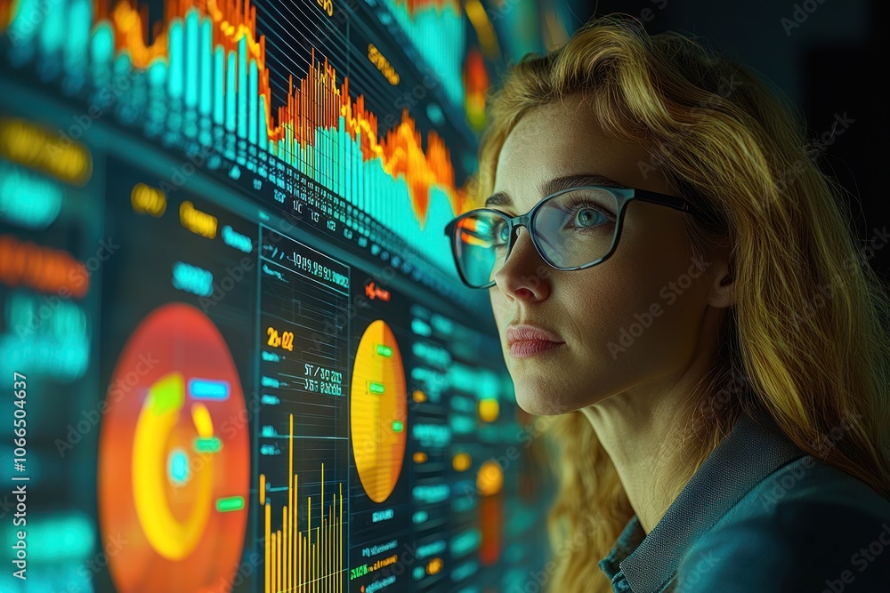 Poster woman with glasses looking at computer screen with data and graphs