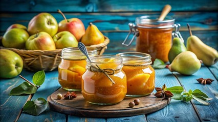 Captivating Macro Photography of Pear and Apple Jam in Glass Jars on Rustic Blue Wooden Background for Food Lovers and Culinary Enthusiasts