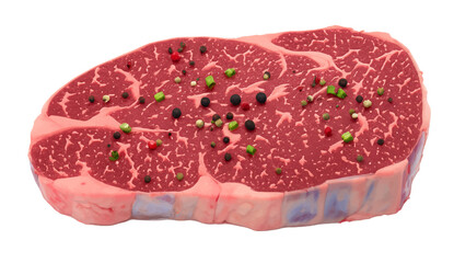 Steak detailed close up view. Raw steak on white background. Steak meat delicious realistic vector illustration. Raw steak with colorful black peppercorns and various dry and fresh spices.