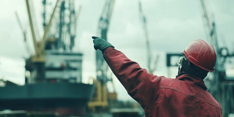Male worker in red overalls and helmet directing operations at a busy shipyard.