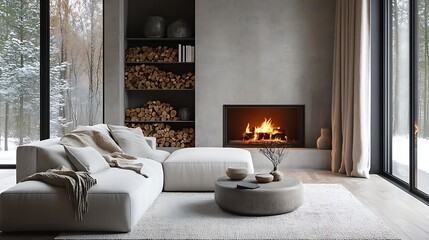 Stylish interior of a modern living room with a wooden tea table