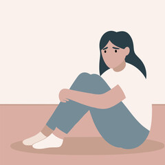 Girl Hand Stretching To Young Unhappy Girl Sitting And Hugging Her Knees Depression Flat Vector Illustration