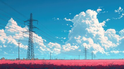 A field of red flowers under a blue sky with power lines.